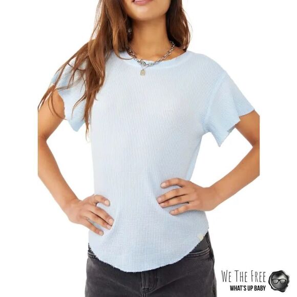 FREE PEOPLE / WE THE FREE WHAT’S UP BABY WAFFLE KNIT TEE IN NEON SKY BLUE XS - Picture 1 of 11